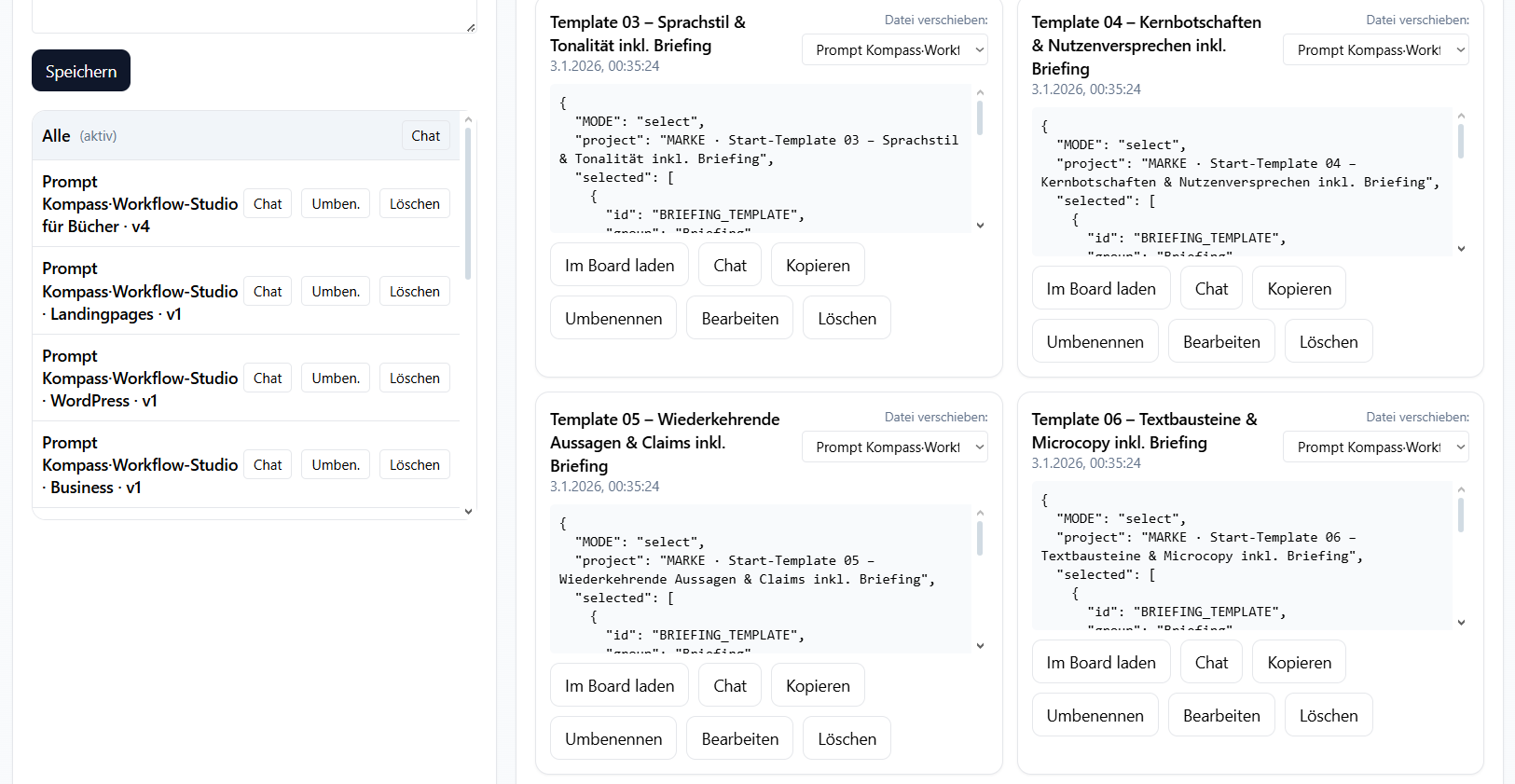 Prompt Kompass Auswahlboard – Board-Übersicht mit Ordnern, Items und Auswahl