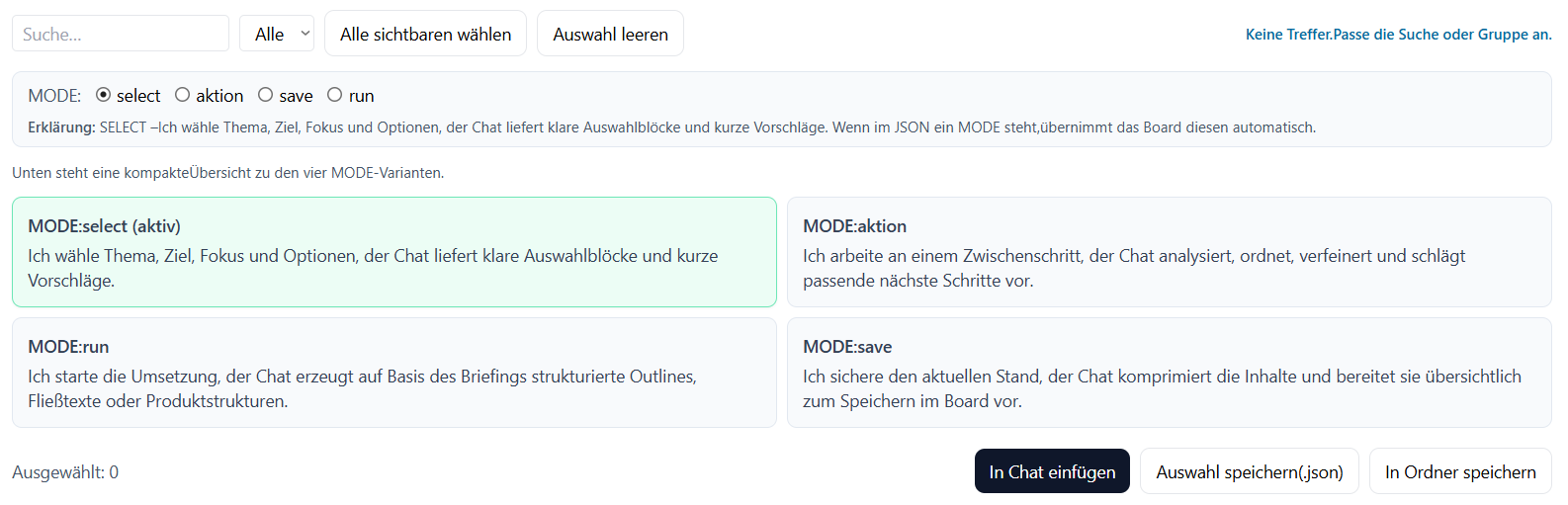 Prompt Kompass Workflow-Studio – MODE-Wechsel zwischen select, aktion, run und save